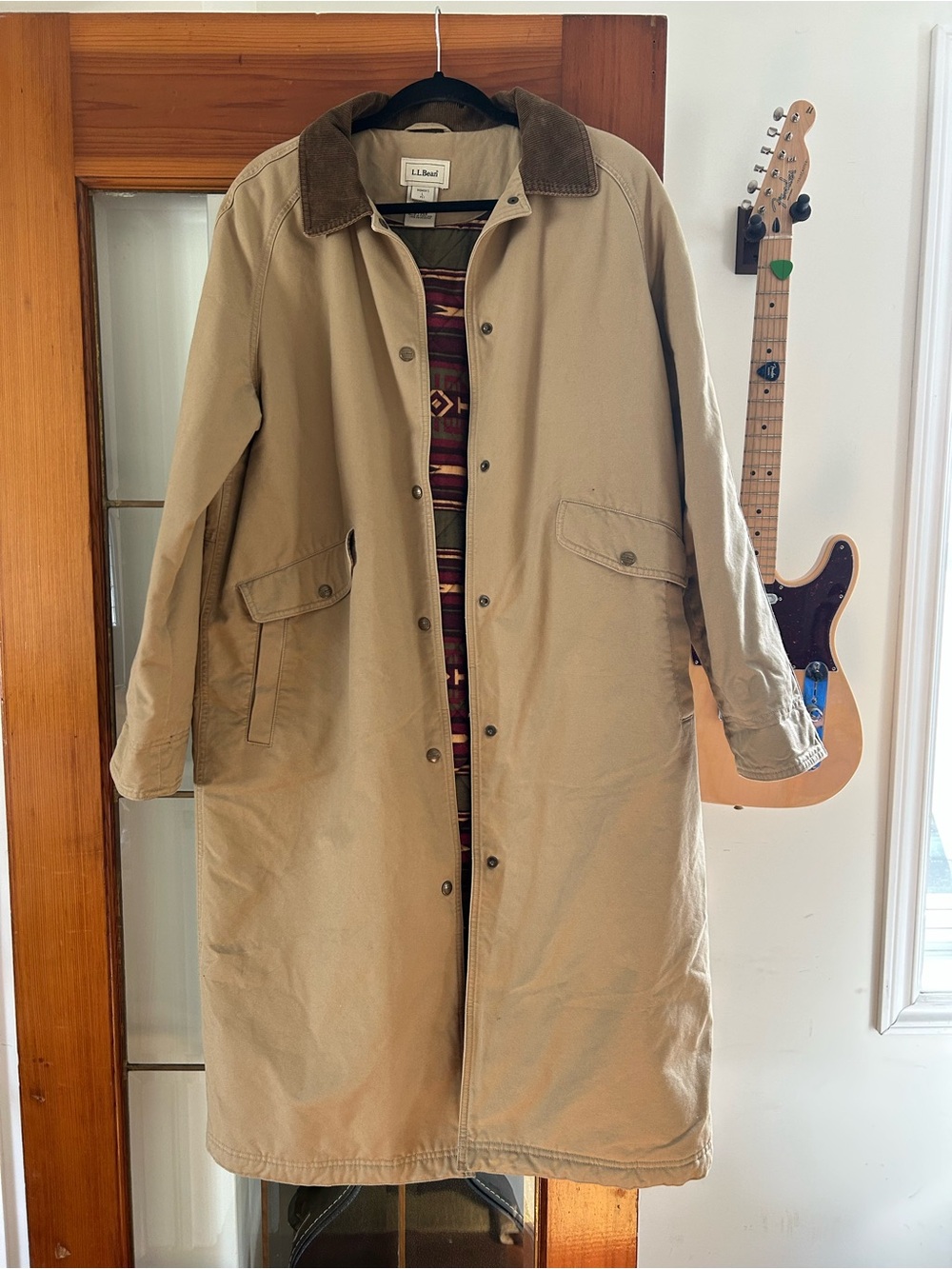 L.L. Bean Khaki Long Canvas Trench Coat with Brown Corduroy Collar